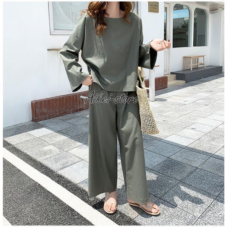 Alo グレー カジュアル 無地 Tシャツとパンツ 2点セット/S セットアップ レディース 春秋 長袖セットアップ カジュアル2点