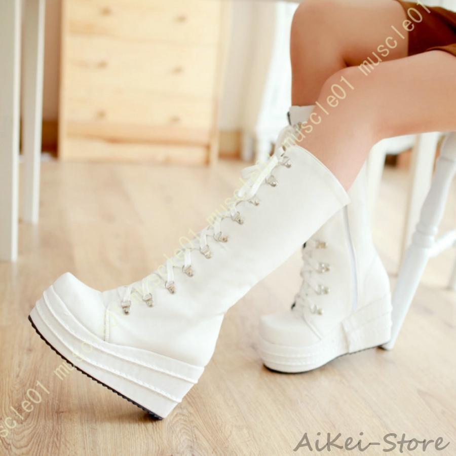 厚底ロングブーツ コスプレ ロングブーツ 編み上げ 白 ホワイト 黒