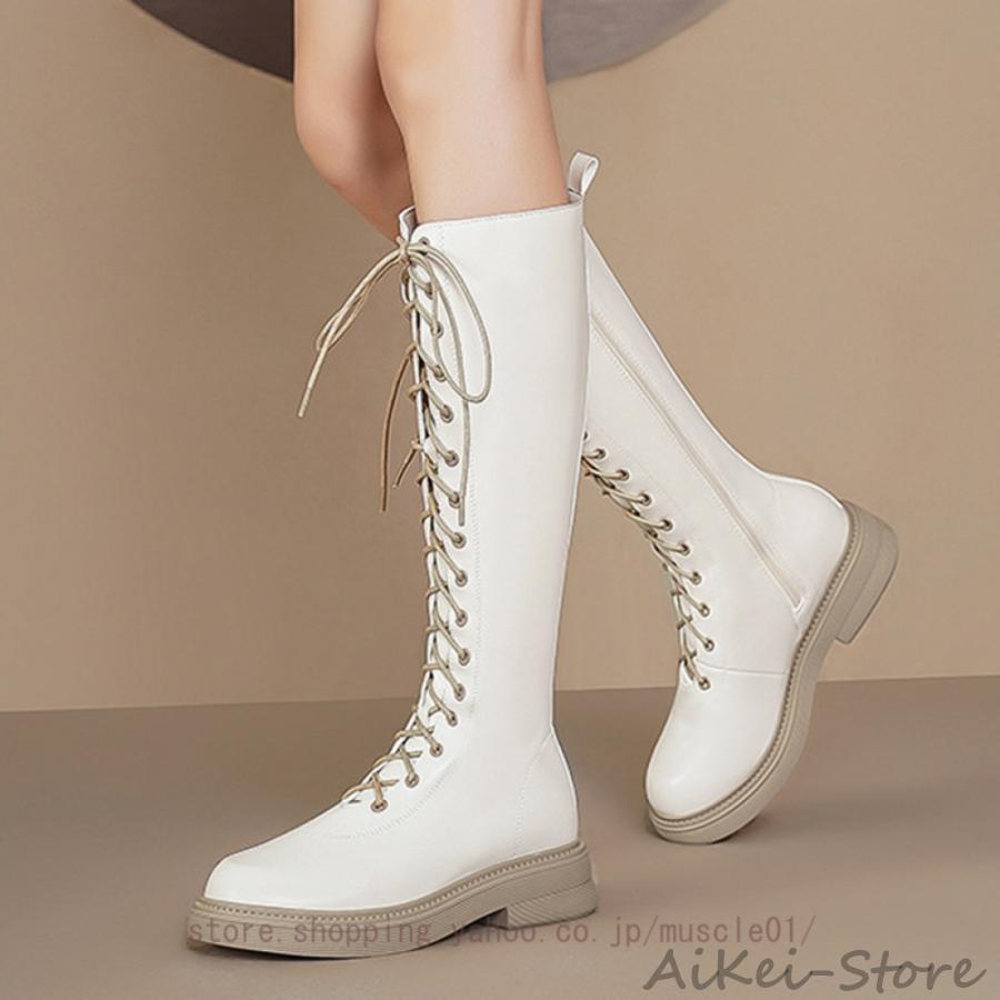 ロングブーツ レディース ハイヒール 厚底 レースアップ サイド