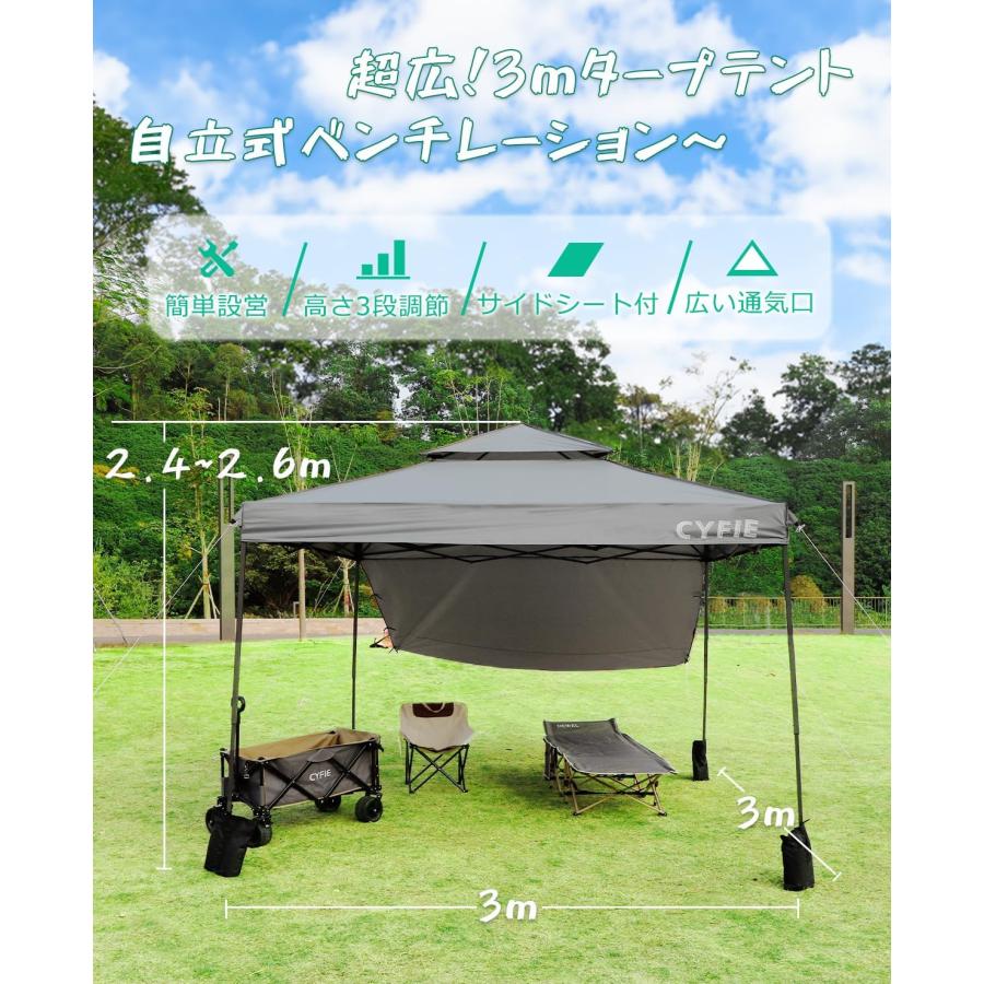 タープテント サイドシート付 3M 高さ3段階調節 CYFIE 風抜け