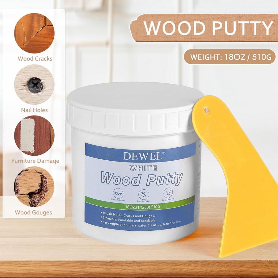 ウッドパテ ホワイトウッドフィラーパテ 木工パテ 500g DEWEL 穴埋めパテ パテ ウッドパテ 木材補修用パテ 戸棚 床 ドア 亀裂補修 フローリング スクレーパー付 の商品画像