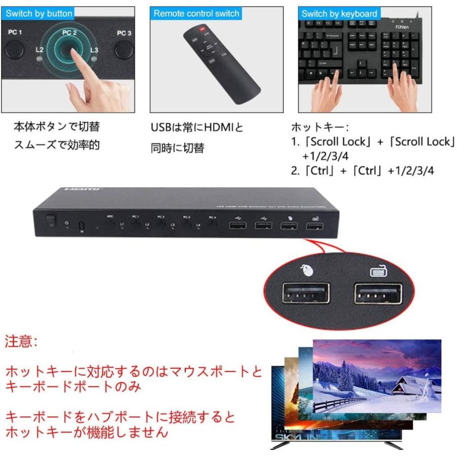 [11-12日限定10倍P付] KVM切替器 4入力1出力 HDMI音声分離 ES-Tune 4K60HZ HDR USB切替器 4入力4出力 手動切替 タイプC端子採用 USB2.0 ケーブル付属｜aikikabushiki｜06