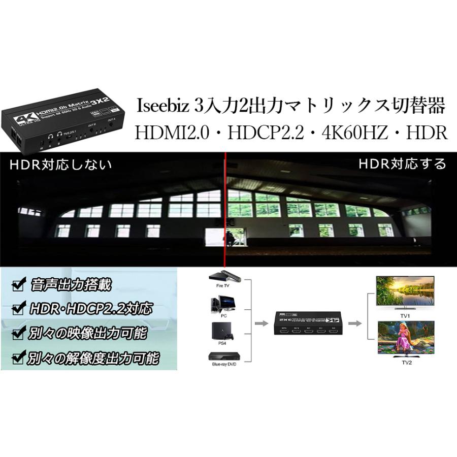 HDMIマトリックス切替器 3入力2出力 HDMI2.0 Iseebiz HDCP2.2 4K60HZ HDR 音声分離 光デジタル 異なる解像度で出力可 日本語取説付｜aikikabushiki｜08