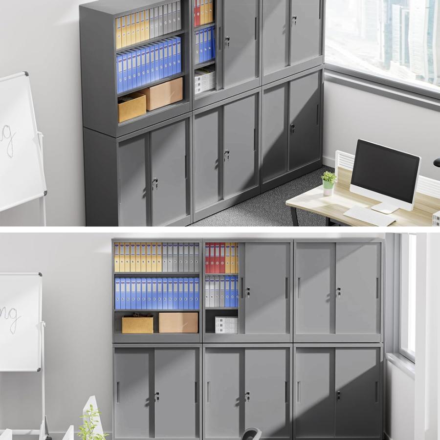 ロッカー スチール書庫 引き戸タイプ 鍵付 ブラック DEWEL 事務所 キャビネットスチールロッカー 3段 保管庫 組立式 棚板可動 幅900 高1050mm |  | 01