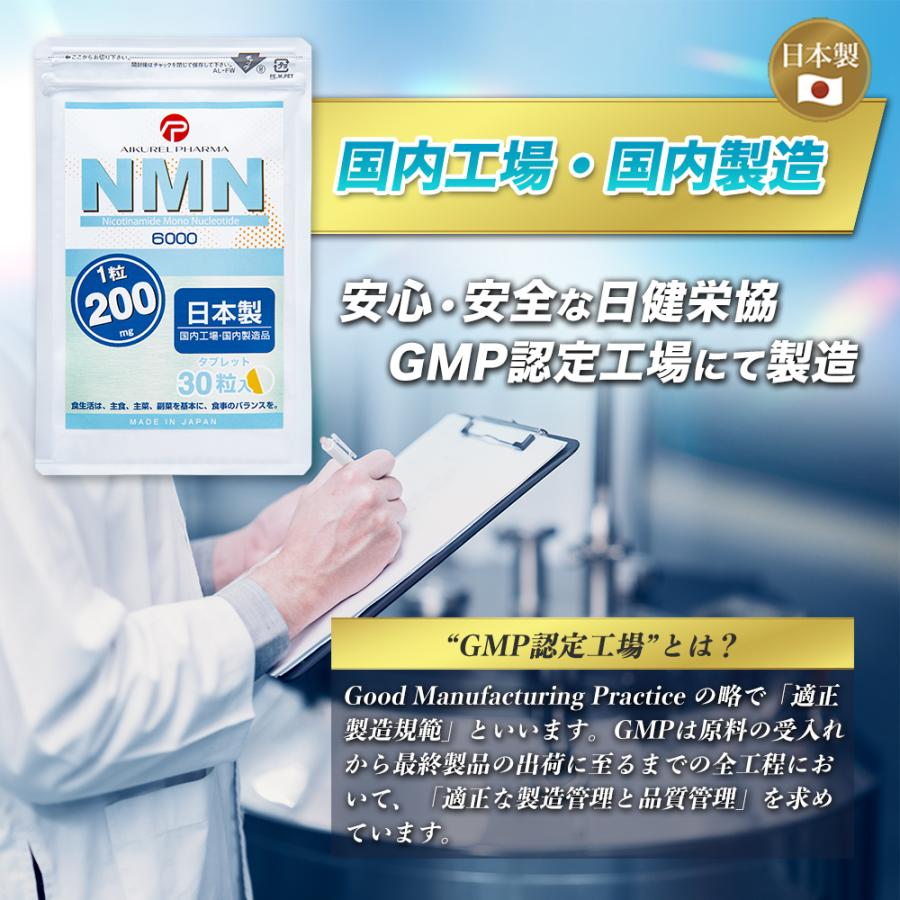 (3袋セット) NMN タブレット 6，000mg (1粒に200mg) 日本製 β-ニコチンアミドモノヌクレオチド 高純度99.9% 30粒 GMP認定工場 着色料不使用 アイクレルファーマ_7