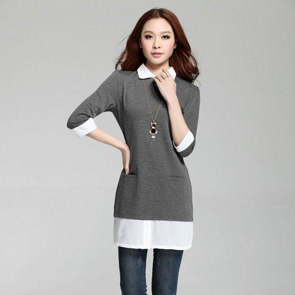 配色切替ブラウス　シャツ　重ね着風　レディース　現品限り　特価　夏秋　五分袖　トップス　着痩せ　シンプル　LL(XL)　202107　202108 |  | 01