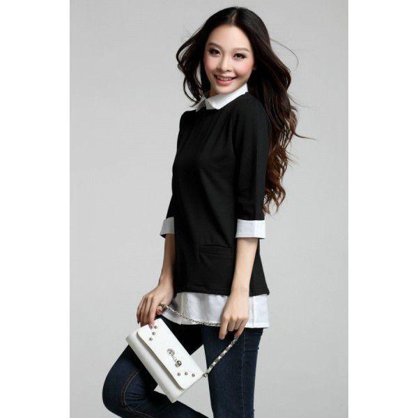 配色切替ブラウス　シャツ　重ね着風　レディース　現品限り　特価　夏秋　五分袖　トップス　着痩せ　シンプル　LL(XL)　202107　202108 |  | 02