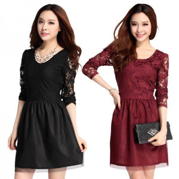 全2色　レースワンピース　長袖　エレガント　レディース　現品限り　特価　Vネック　ミニ丈　パーティードレス　着痩せ　大きいサイズ　LL-5L　202107　202108 | 