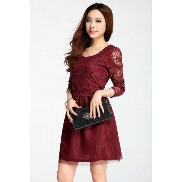 全2色　レースワンピース　長袖　エレガント　レディース　現品限り　特価　Vネック　ミニ丈　パーティードレス　着痩せ　大きいサイズ　LL-5L　202107　202108 |  | 03