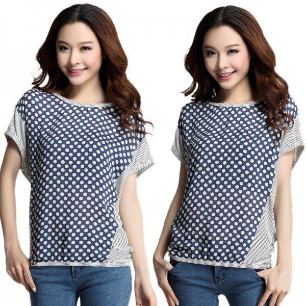 ボーダー×ドット柄切替Tシャツ　トップス　カジュアル　夏服　レディース　現品限り　特価　ドルマンスリーブ　半袖　大きいサイズ　LL-5L　202107　202108 | 