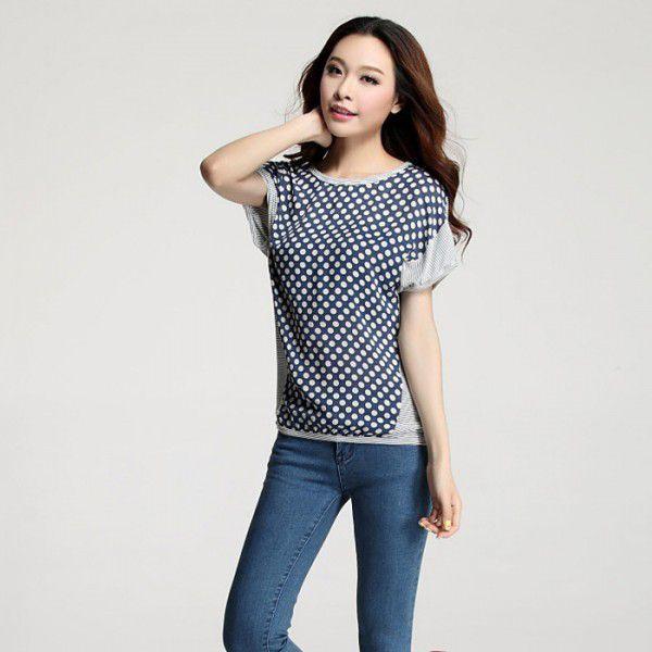 ボーダー×ドット柄切替Tシャツ　トップス　カジュアル　夏服　レディース　現品限り　特価　ドルマンスリーブ　半袖　大きいサイズ　LL-5L　202107　202108 |  | 01