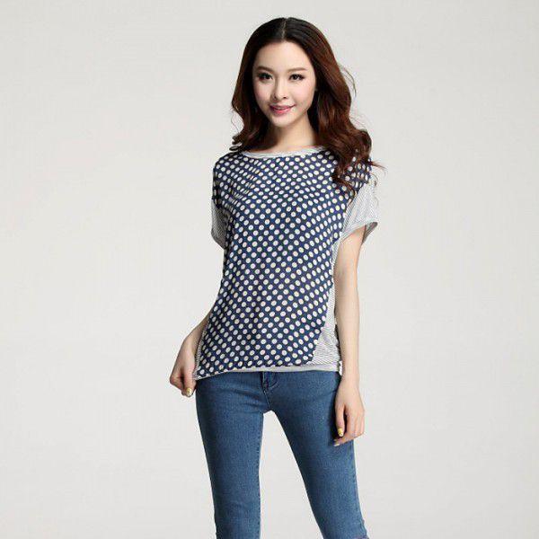 ボーダー×ドット柄切替Tシャツ　トップス　カジュアル　夏服　レディース　現品限り　特価　ドルマンスリーブ　半袖　大きいサイズ　LL-5L　202107　202108 |  | 02