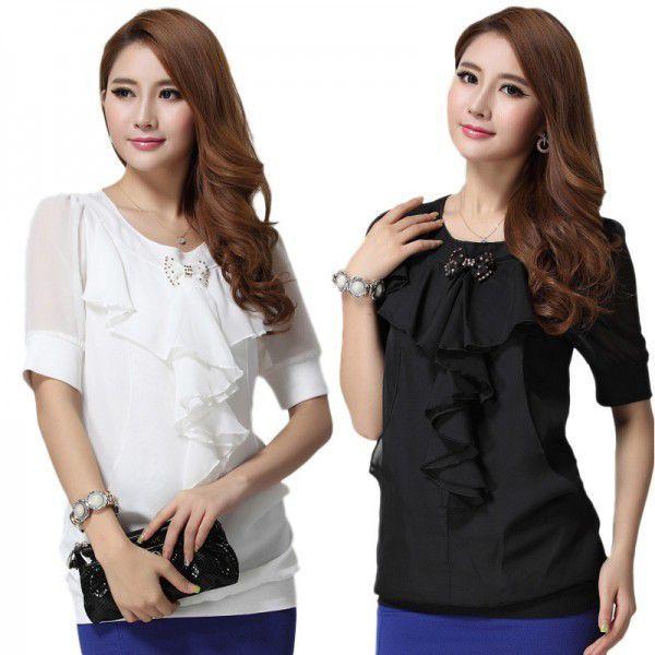 ブラウス　トップス　胸元フリル　夏服　レディース　現品限り　特価　シフォン切替　半袖　エレガント　大きいサイズ　LL-3L　202107　202108 |  | 01