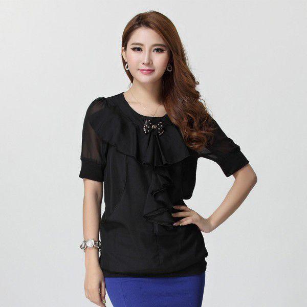 ブラウス　トップス　胸元フリル　夏服　レディース　現品限り　特価　シフォン切替　半袖　エレガント　大きいサイズ　LL-3L　202107　202108 |  | 02