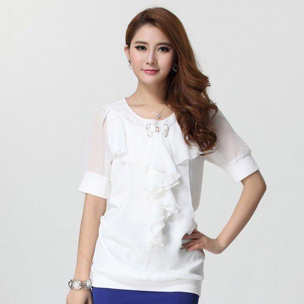 ブラウス　トップス　胸元フリル　夏服　レディース　現品限り　特価　シフォン切替　半袖　エレガント　大きいサイズ　LL-3L　202107　202108 |  | 03