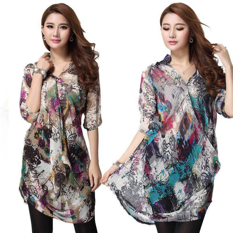 全2色　Vネックチュニック　ブラウス　夏秋　レディース　現品限り　特価　プリント　五分袖　トップス　ロング　着痩せ　大きいサイズ　LL-5L　202107　202108 | 
