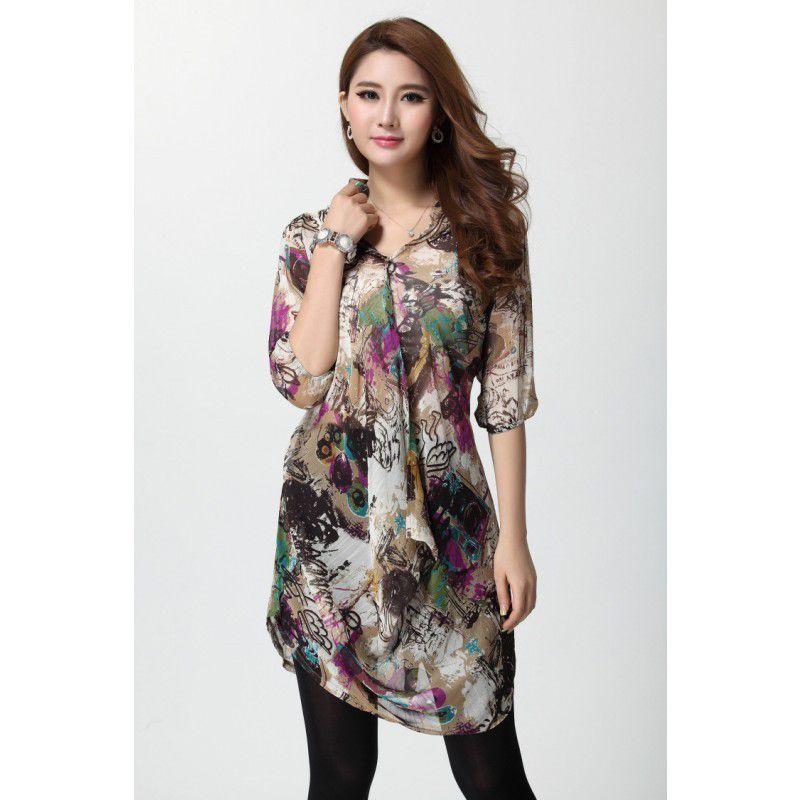 全2色　Vネックチュニック　ブラウス　夏秋　レディース　現品限り　特価　プリント　五分袖　トップス　ロング　着痩せ　大きいサイズ　LL-5L　202107　202108 |  | 01