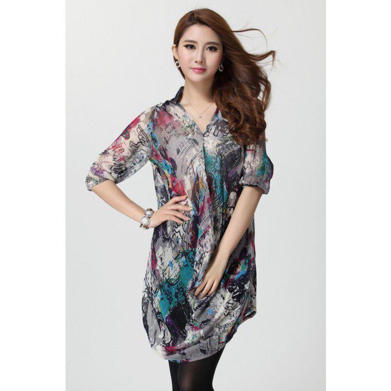 全2色　Vネックチュニック　ブラウス　夏秋　レディース　現品限り　特価　プリント　五分袖　トップス　ロング　着痩せ　大きいサイズ　LL-5L　202107　202108 |  | 02