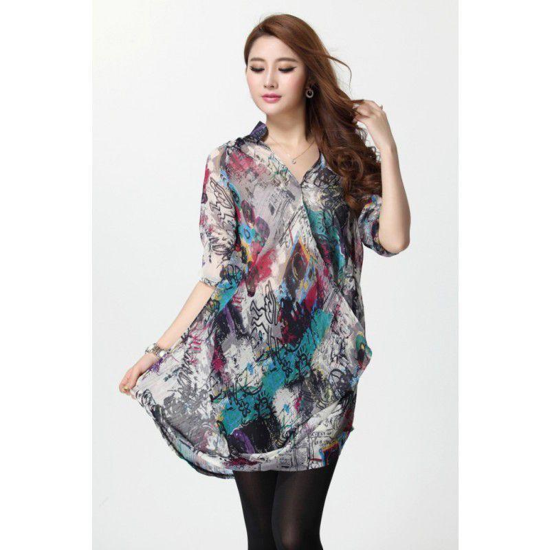 全2色　Vネックチュニック　ブラウス　夏秋　レディース　現品限り　特価　プリント　五分袖　トップス　ロング　着痩せ　大きいサイズ　LL-5L　202107　202108 |  | 03