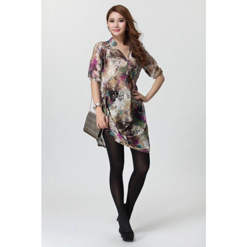 全2色　Vネックチュニック　ブラウス　夏秋　レディース　現品限り　特価　プリント　五分袖　トップス　ロング　着痩せ　大きいサイズ　LL-5L　202107　202108 |  | 06