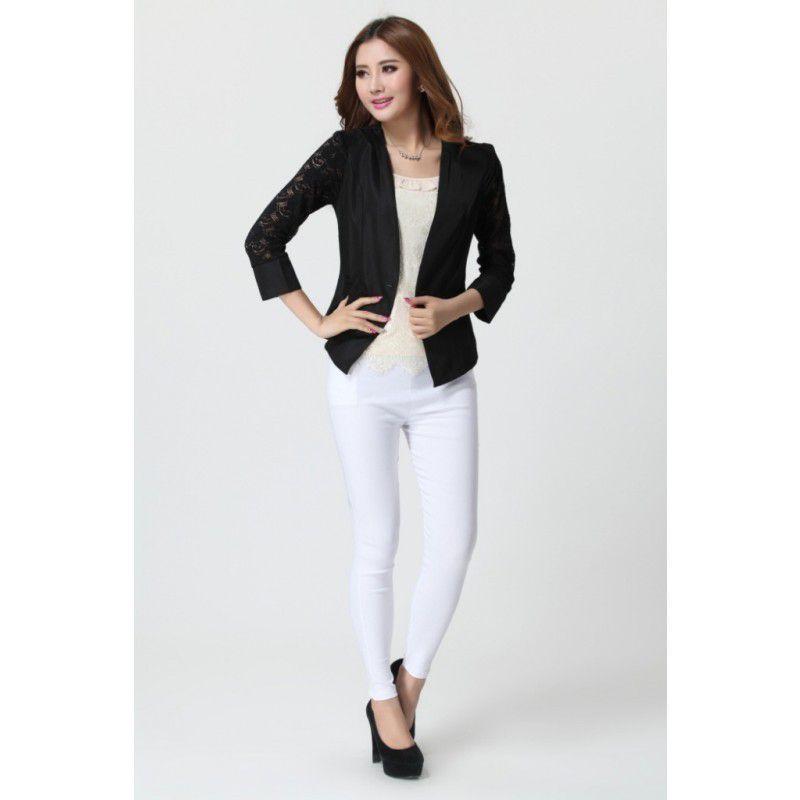 全2色　ノーカラージャケット　レース切替　夏秋　現品限り　特価　レディース　通勤　OL　ショート丈　7分袖　着痩せ　大きいサイズ　LL-4L　202107　202108 |  | 03