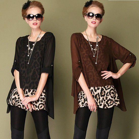 レオパード柄トップス　重ね着風　夏秋　現品限り　特価　レディース　長袖　着痩せ　大きいサイズ　3L-5L　202107　202108 | 