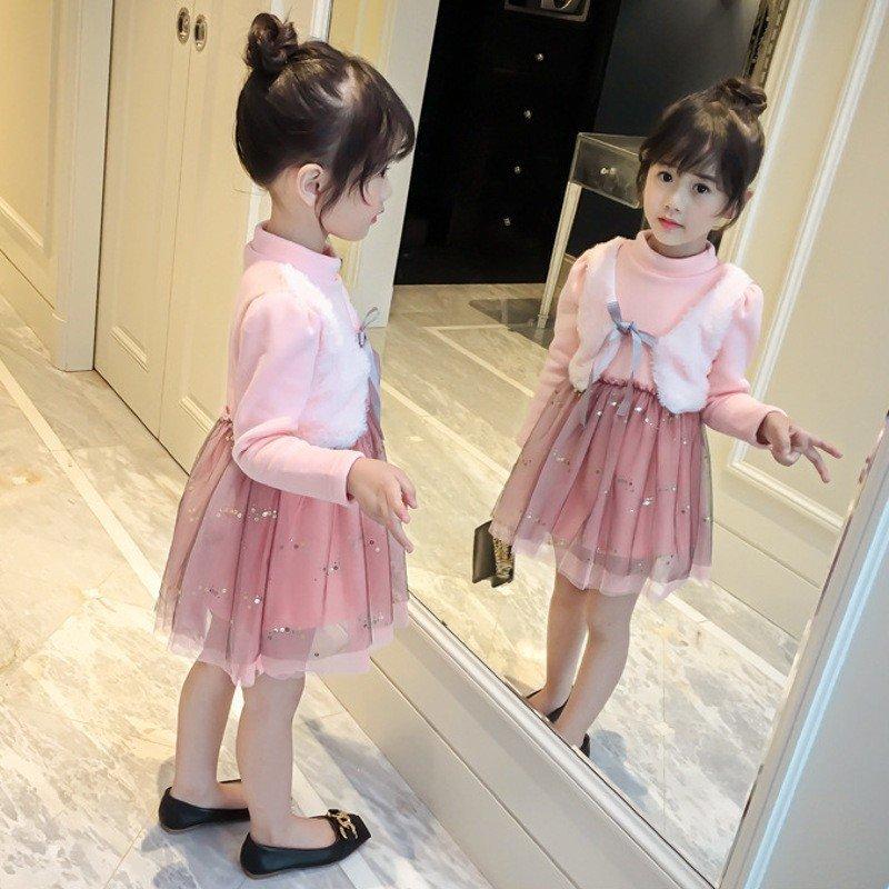 ワンピース ドレス キッズ 子供 子ども 女の子 長袖 ハイネック ボレロ ベスト レイヤード 重ね着風 チュール ファー ふわふわ 秋 冬 裏起毛 Aim エマーブルストア 通販 Yahoo ショッピング