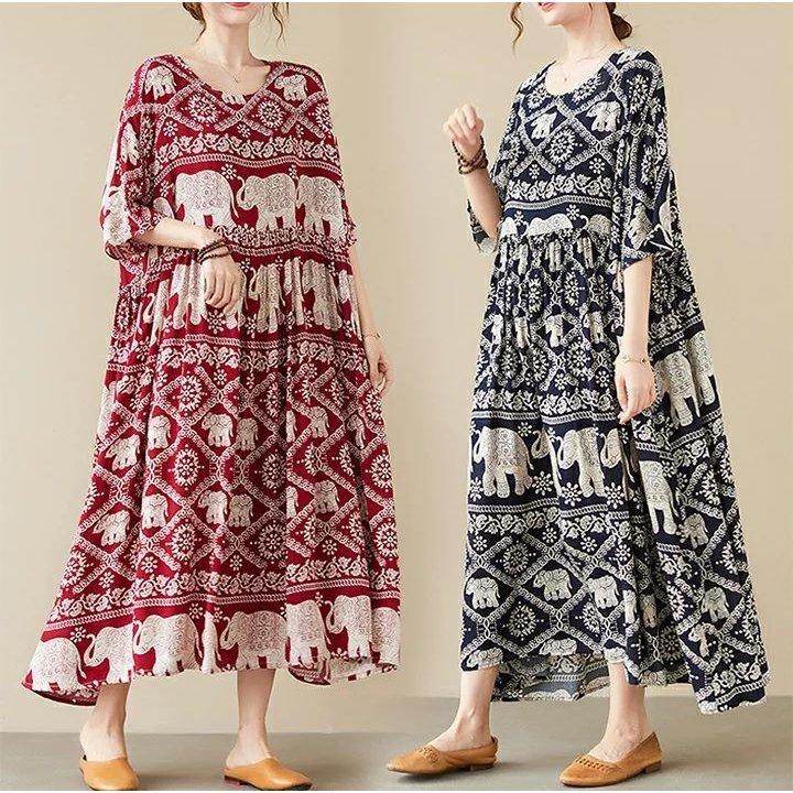 半袖 ワンピース プリント柄 象柄 エスニック風 マキシワンピース 夏 リゾート ワンピース 大きいサイズ ワンピ 民族風 ロング丈ワンピース ワンピース ドレス Aim エマーブルストア 通販 Yahoo ショッピング
