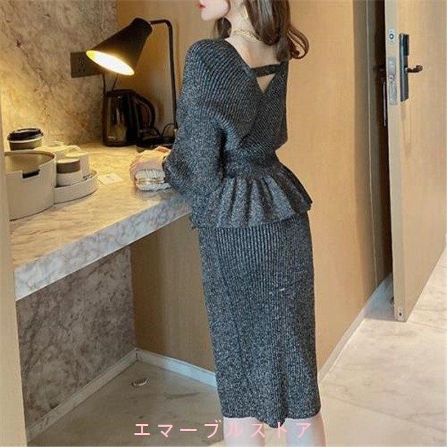 美品 総柄セットアップ ペプラムトップス 膝丈スカート ブラウン 茶