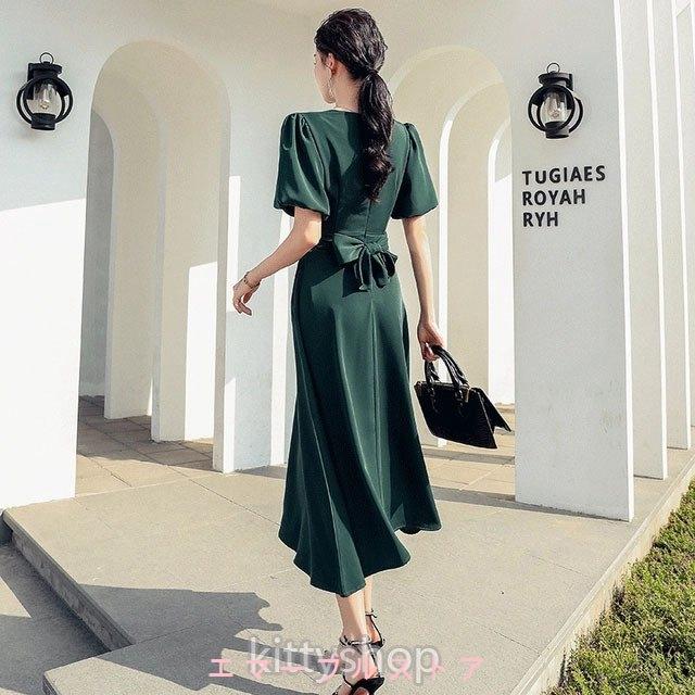 グリーン ワンピース 夏 結婚式ドレス ミモレ丈ワンピース ピンク パーティードレス 代 30代 パフスリーブ Aラインワンピース Vネック 二次会 お呼ばれ リボン Aims b エマーブルストア 通販 Yahoo ショッピング