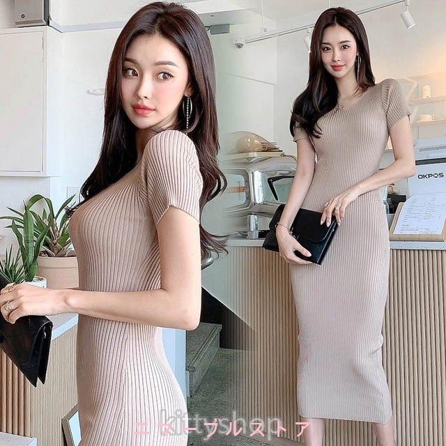 お礼や感謝伝えるプチギフト 半袖 タイト ニットワンピース 夏 ロングワンピース 無地 マキシ丈 Vネック タイトワンピース ニット ミモレ丈ワンピース ロング ワンピース ワンピース カラー カーキ Www Fattoriabacio Com