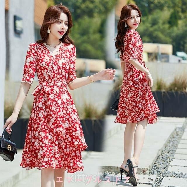 赤 ワンピース 夏 30代 花柄ワンピース Vネック シフォンワンピース フレア フリル オシャレ グリーン 膝丈ワンピース 大きいサイズ ワンピース 半袖 Aims c03 エマーブルストア 通販 Yahoo ショッピング