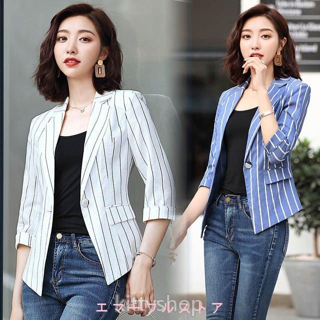 夏 テーラードジャケット 白 レディース ホワイトジャケット ストライプ 通勤 Ol オフィス ビジネス サマージャケット ブラック 7分袖 薄手 スーツジャケット Aims c393 エマーブルストア 通販 Yahoo ショッピング