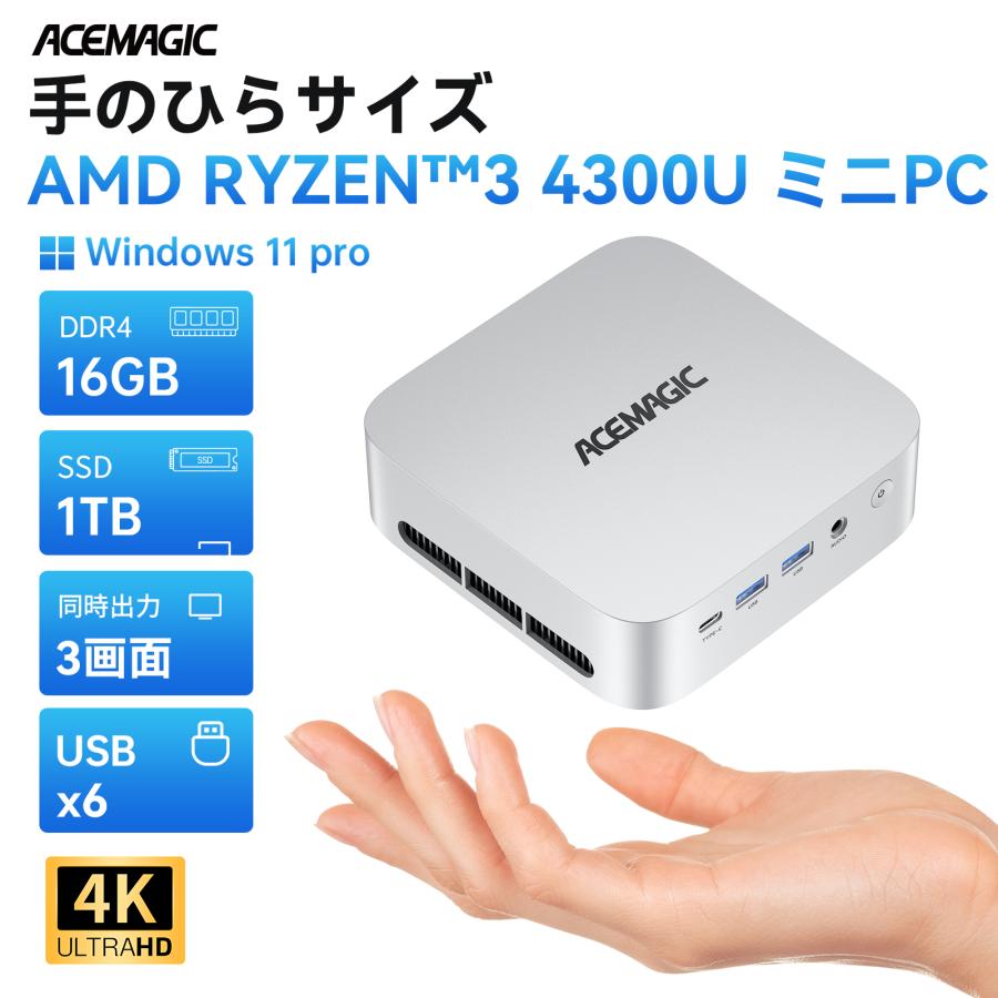 AMD Ryzen 4300U ミニpc 3.7GHz メモリ 16GB DDR4 1TB SSD 4TBまで増設可能 Win11PRO 3画面同時出力 冷却ファン搭載 高速WiFi5 BT4.2 4K USBx6(K1-4300U-161TB)（Yahoo!・NiPoGi公式店）