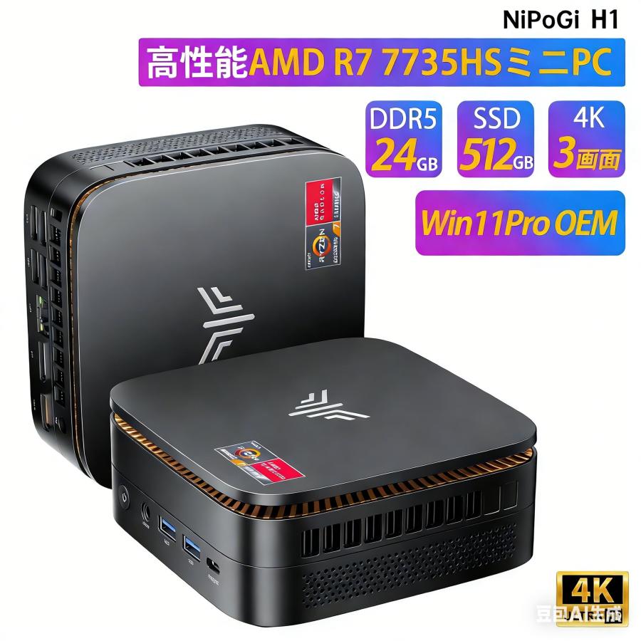 OEM Key保証 ミニPC【AMD Ryzen7 7735HS 24GB+512GB】 ミニPC Win11Pro 3画面出力 2.5GbpsLAN WiFi6 HDMI 省エネ 小型パソコン ゲーミングpc（H1-7735-24512）（Yahoo!・NiPoGi公式店）
