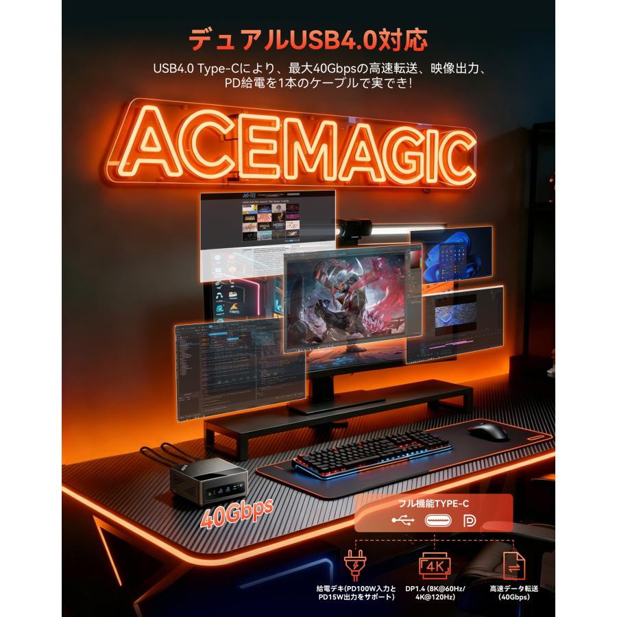 【2026新型・超高速ゲーミングPC】ACEMAGIC F5A ミニpc AMD Ryzen 7 H255 (8C/16T, max4.9GHz)mini pc OCulink 外付けGPU可 4画面8K対応（F5A-H255-241TB）の画像
