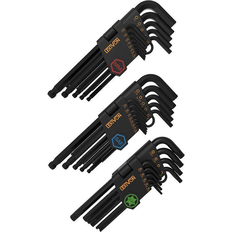 LEXIVON マスターレンチキーセット、ロングアームボールエンド六角レンチ35点 3本セット メトリックSAE＆スター、工業用S2合金