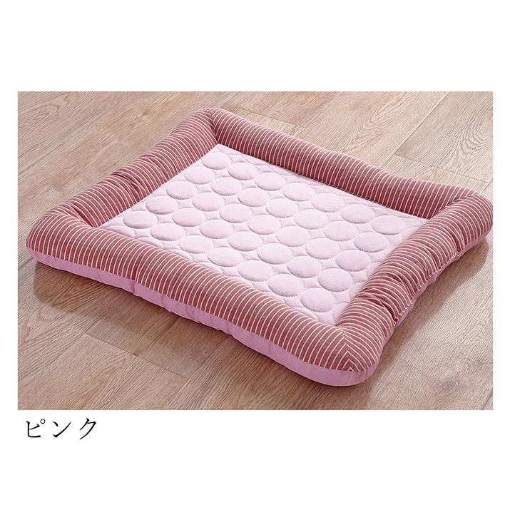 ピンク　Ｍサイズ　ストライプドット　スクエアベッド　ペット犬用 犬用 猫用 ベット 夏用 ストライプ スクエア ひんやり 冷感 ペット