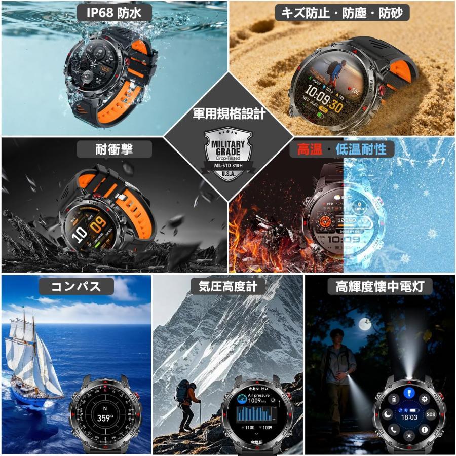 【2026究極新設計】スマートウォッチ 1.85インチ超大画面 丸型 軍用規格 懐中電灯 730mahバッテリー smart watch Bluetooth5.3 IP68防水 スポーツウォッチの画像