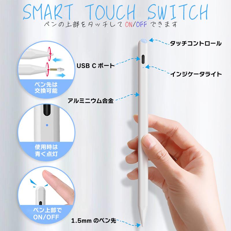 タッチペン iPad ペンシル スタイラスペン 高感度 typeC充電 Apple