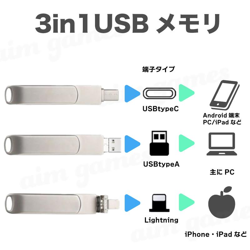 USBメモリ 128GB 3in1 iPhone Lightning Type-C USB3.0 Android フォトスティック バックアップ データ転送 容量不足解消 日本語取説付 推し活 |  | 04