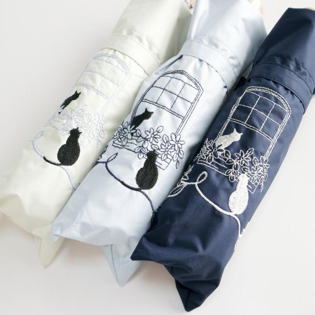 ネイビー 遮光＆遮熱 黒コーティング晴雨兼用傘 192 楽ミニ『窓辺の猫 スカラ刺繍 mini』 |  | 05
