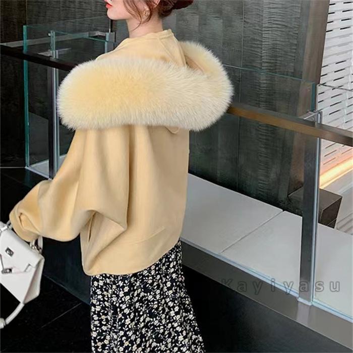 ウール100%コート レディース ダブルフェイスコート リバーコート ラシャコート 洋服 アウター フード付き リアルファー 冬 通勤 OL ゆったり_4