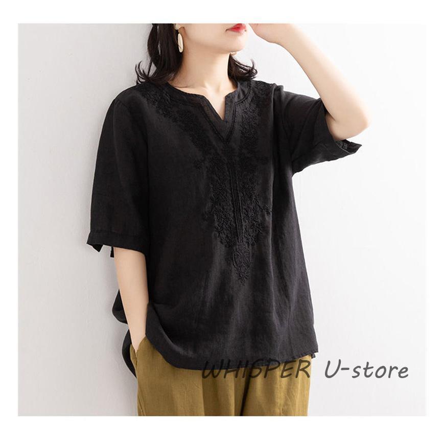 ブラウス Tシャツ レディース 夏 綿麻 リネン 半袖 刺繍 ス 無地 薄手 大きいサイズ uvカット ゆったり 柔らかい カジュアル |  | 11