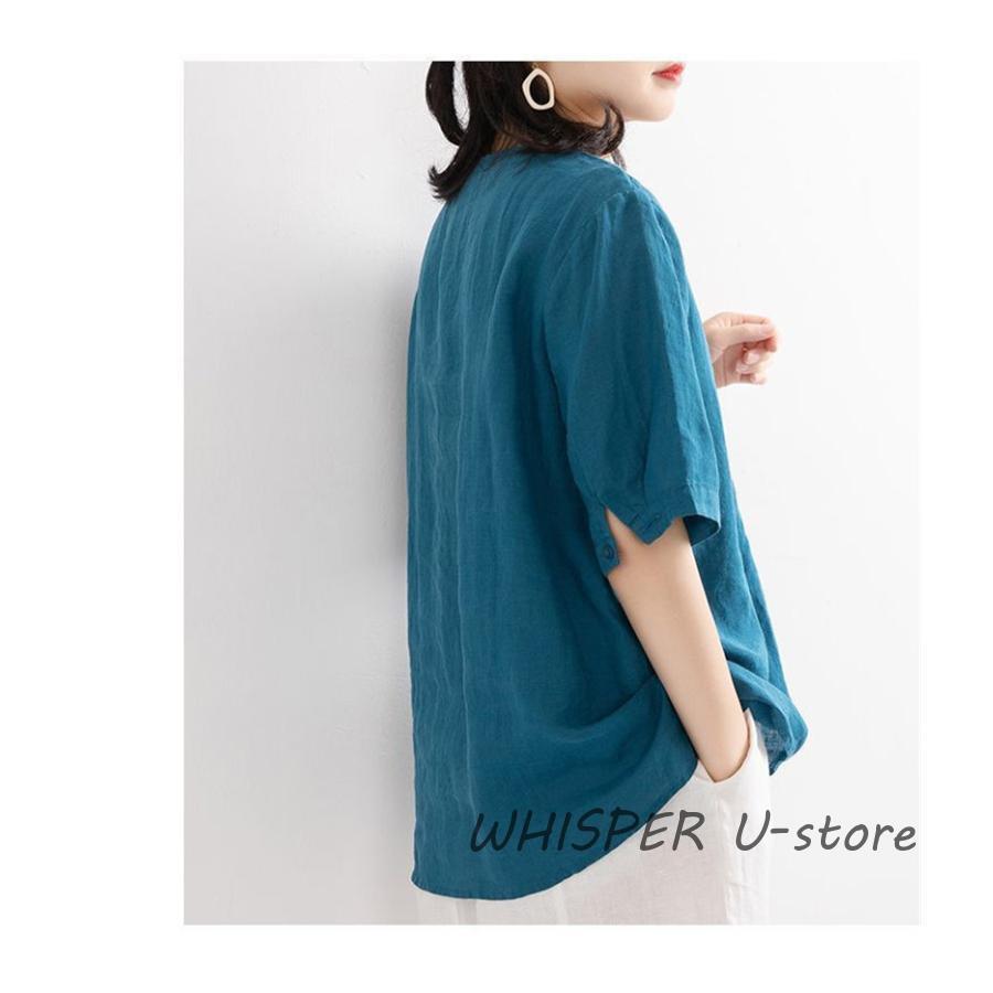 ブラウス Tシャツ レディース 夏 綿麻 リネン 半袖 刺繍 ス 無地 薄手 大きいサイズ uvカット ゆったり 柔らかい カジュアル |  | 12