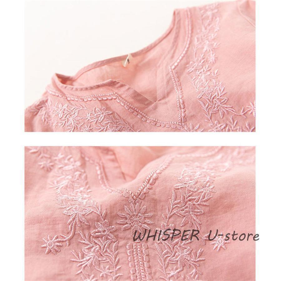 ブラウス Tシャツ レディース 夏 綿麻 リネン 半袖 刺繍 ス 無地 薄手 大きいサイズ uvカット ゆったり 柔らかい カジュアル |  | 15