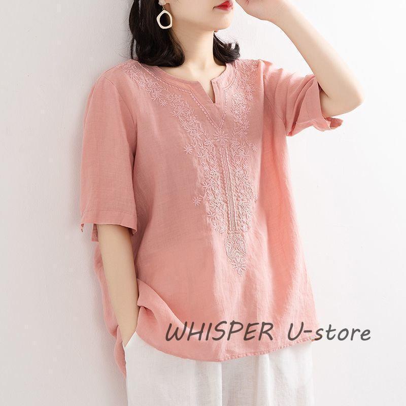 ブラウス Tシャツ レディース 夏 綿麻 リネン 半袖 刺繍 ス 無地 薄手 大きいサイズ uvカット ゆったり 柔らかい カジュアル |  | 01