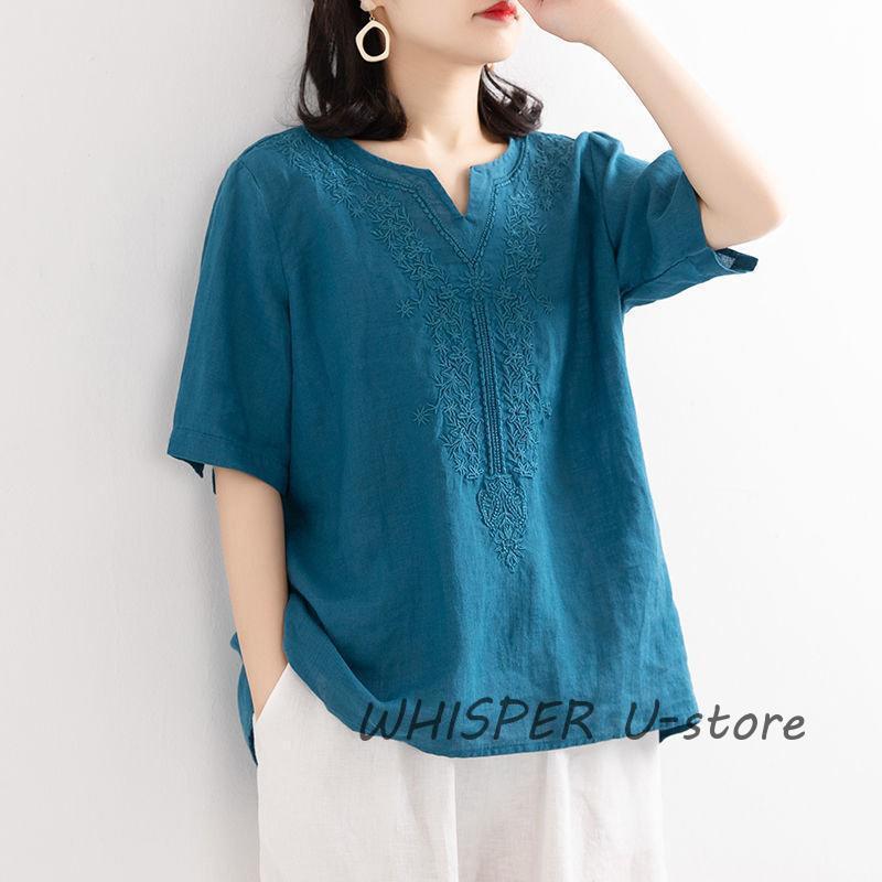 ブラウス Tシャツ レディース 夏 綿麻 リネン 半袖 刺繍 ス 無地 薄手 大きいサイズ uvカット ゆったり 柔らかい カジュアル |  | 03