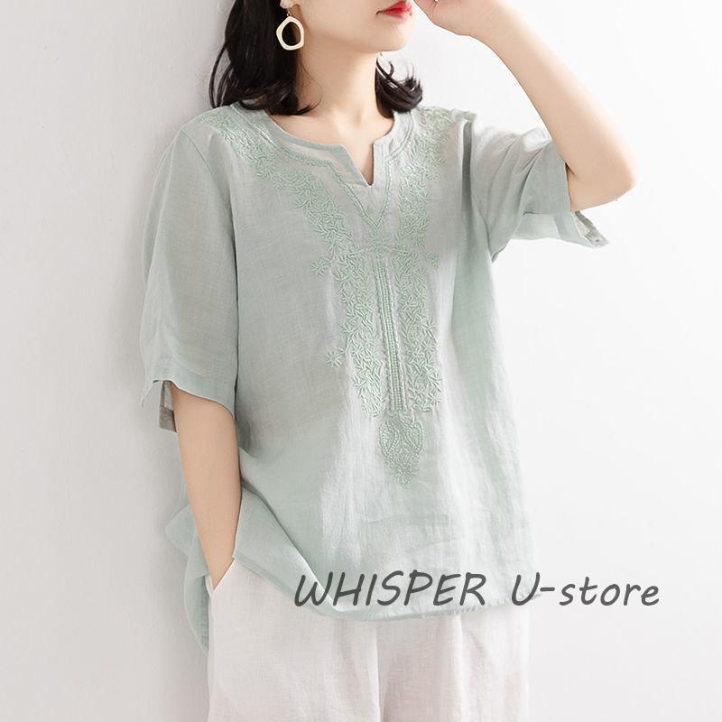ブラウス Tシャツ レディース 夏 綿麻 リネン 半袖 刺繍 ス 無地 薄手 大きいサイズ uvカット ゆったり 柔らかい カジュアル |  | 04