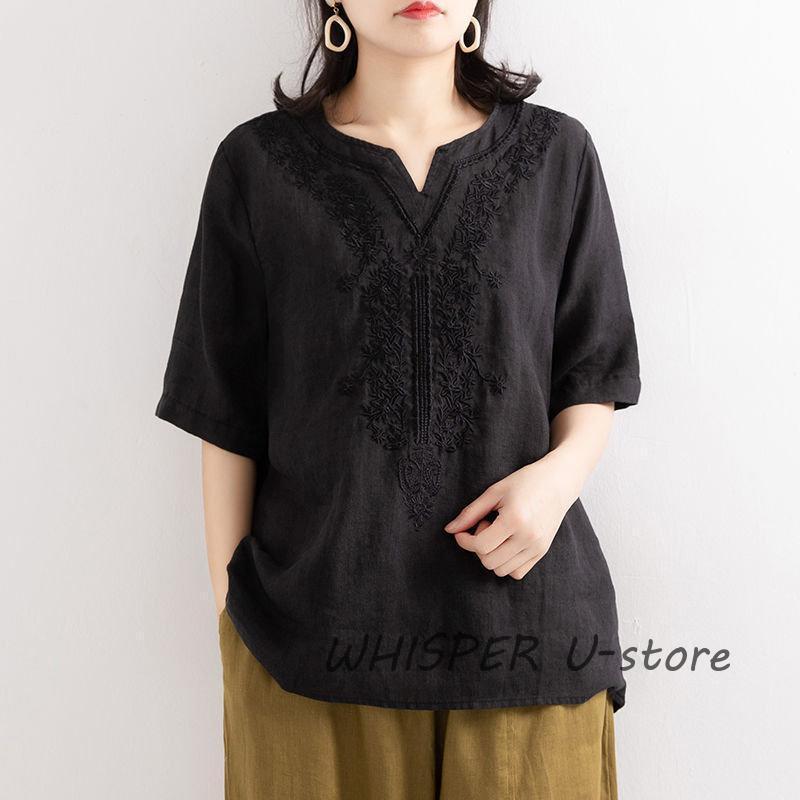ブラウス Tシャツ レディース 夏 綿麻 リネン 半袖 刺繍 ス 無地 薄手 大きいサイズ uvカット ゆったり 柔らかい カジュアル |  | 05